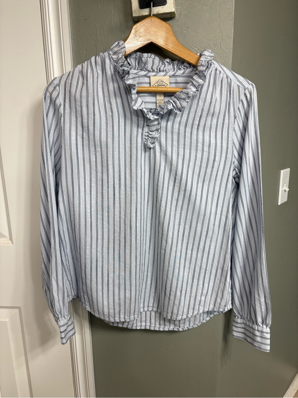 St. John's Bay Blue and Navy Vertical Stripe Ruffle-Neck Blouse